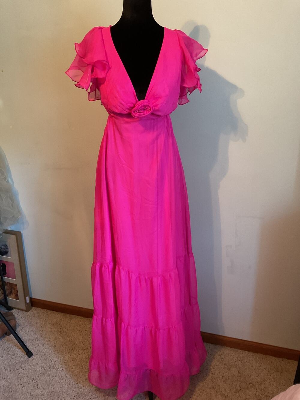 Show Me Your Mumu Hot Pink Ruffle Maxi Dress Cutout Rose Rosette Boho Gown XS